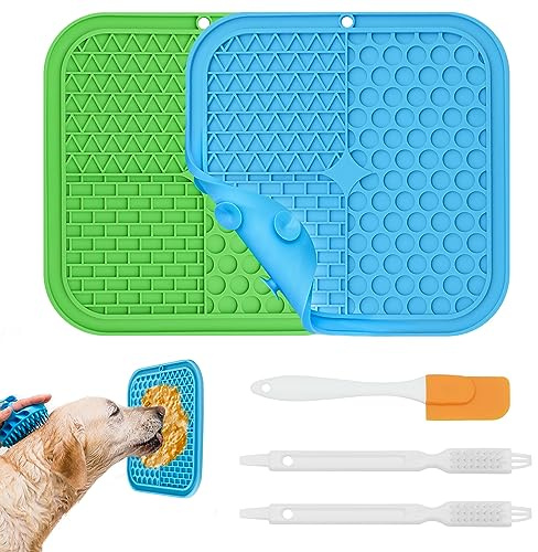 Hunde-Leckmatte, 2 Stück, langsames Füttern für Hunde, Leckpad mit Silikon-Spatel und Reinigungsbürsten, rutschfeste Leckmatte mit Saugnapf für Haustier-Baden, Fellpflege, Training