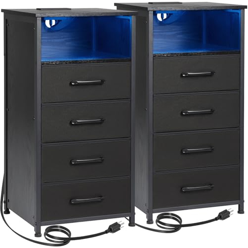 LOAKEKEL Night Stand Set 2, Tall Nightstand with Charging Station for Bedroom with 4 Drawers, LED End Tables with USB Ports and Outlets, Bedside Table with Storage Shelf, Black, HNS034BK