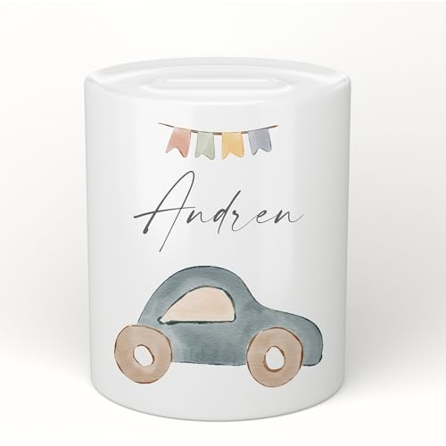 Manufaktur Liebevoll Personalisierte Kinder Spardose Auto Namen Geburt Taufe Taufgeschenk Baby Geschenk Geburtstagsgeschenk Geldgeschenk Sparschwein Sparbüchse Keramik Mädchen Junge (Motiv Auto)