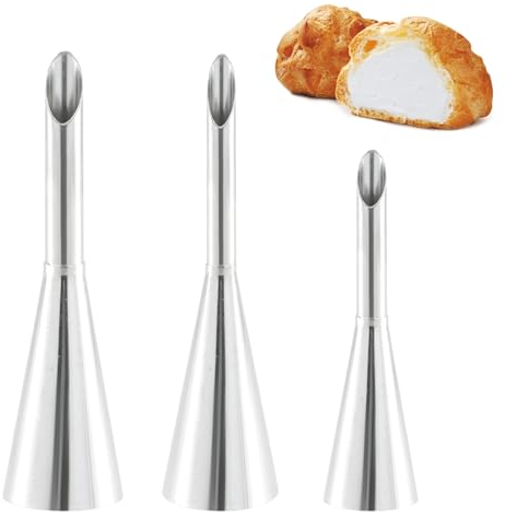 Nivofu 3Pcs Cream Puff Nozzle, Stainless Steel Long Puff Nozzle Tip, Cream Puff Icing Piping Nozzle Tip, Long Filling Piping Nozzle for Filling Donuts, Cupcakes, DIY Cake Decorating - Silver