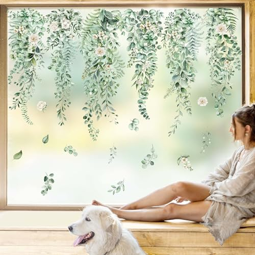 Whaline 9 Sheets Spring Summer Hanging Vines Window Clings Tropical Eucalyptus Leaves Flower Window Stickers Greenery Static Reusable Glass Decals for Wedding Party Home Decor Supplies