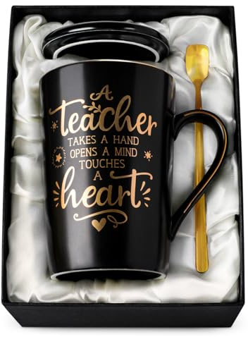 Best Teacher Appreciation Gifts for Men Women, 14oz Unique Black Coffee Mug | Gold Print Teachers Cup, Christmas Graduation Retirement Present from Student, with Lid Spoon Greeting Card, Luxury Gift Box