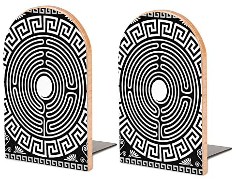 Buchstützen im Vintage-Stil, traditionell, schwarz-weiß, griechisches Ornament, Labyrinth, Blumenmuster, 2 Stück, Buchstützen, Buchstützen, Ständer für Regale, Zuhause, Büro, Bibliothek,