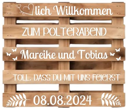 Palettenaufkleber Polterabend, personalisiert mit Namen und Datum in Schwarz oder Weiß, Aufkleber für Palette passend für Europalette, Diy Hochzeitspalette, Klebeschrift