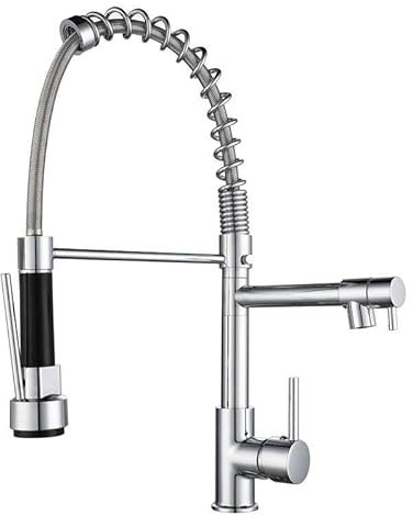 Kitchen Sink Taps Mixer High Arc 360° Rotation, Double Hole with Dual Sprayer, Hot/Cold Water Mixer, Brushed Stainless Steel with Black Handle for a Standard Kitchen