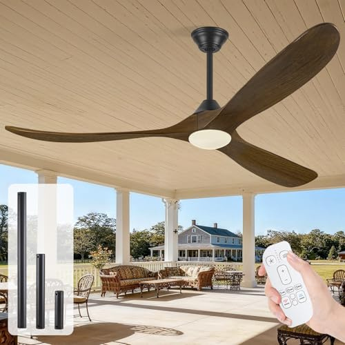OUENGK Ventilador De Techo Con Palas De Madera, Con Luz Para Exterior De 132 Cm, Ventilador De Techo RúStico De Tres Palas Con Motor De Corriente Continua Con Mando A Distancia Para El SalóN Cenador