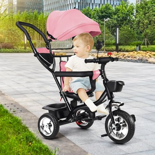 OHMG Dreirad mit Schubstange, 4 in 1 Laufrad ab 1 Jahre, Kinderdreirad Kombiniert Trolley und Ride Funktionen, mit Faltbar, Abnehmbar Sonnendach und Pedal für Kinder (Pulver)