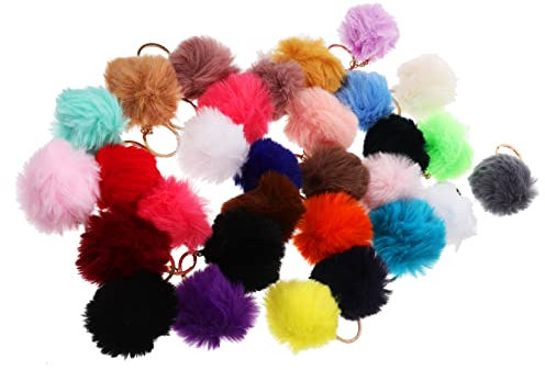 COLLBATH 30 Stück Flauschige Bälle Pompons Schlüsselanhänger Kunstkaninchenfell-Pompons Schlüsselringe Taschenanhänger
