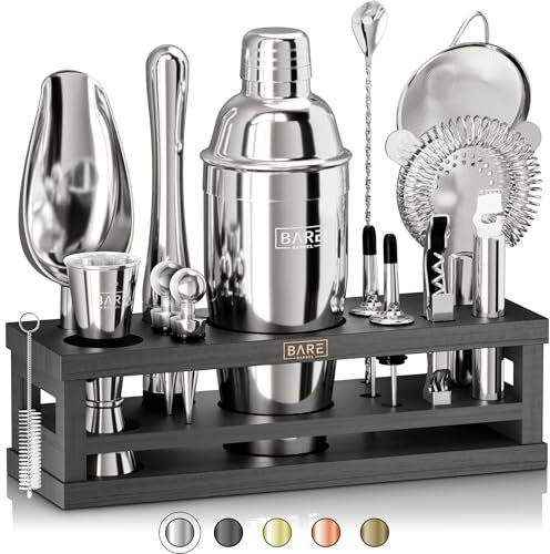 BARE BARREL® Mixology Bartender Kit Bar Set | 16-Piece Cocktail Shaker Set | Martini Barware Mixing Tools for Home Bartending | Incl. 35 Recipe Cards | Gift Set (24oz Cobbler Shaker, Silver/Black)