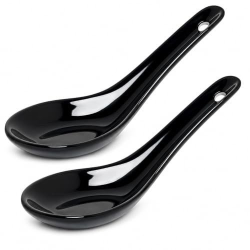 White and black Series ASIATICA | Porzellan-Löffel Set Asien | 13 cm - für Reis, Suppen - zum Servieren von Desserts - Spoon-Set Ramen (2er Set schwarz)