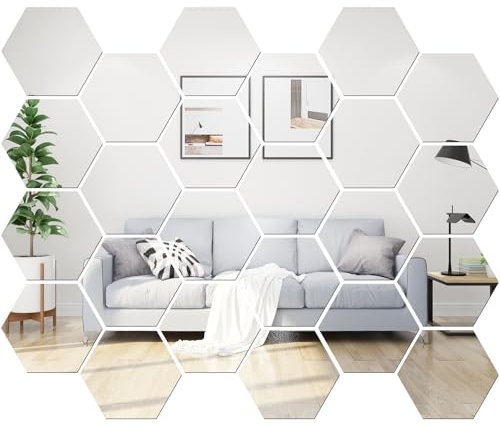 gaoduanluoluo 24 Stück Sechseckiger Spiegel Wandaufkleber, HD Acryl Wandspiegel Klebespiegel, Spiegelfliesen Selbstklebend für DIY Badezimmer Wohnzimmer Sofa TV Einstellung Wanddekoration (Silber)