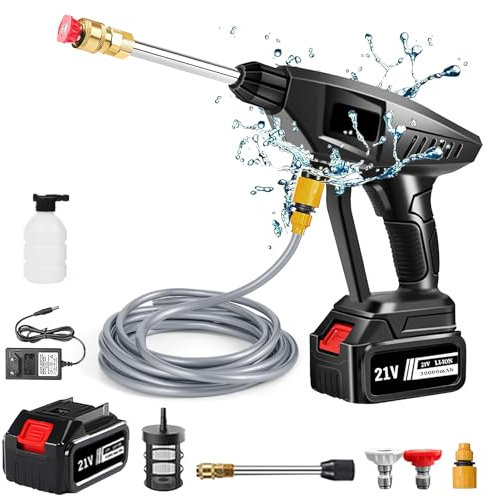 Rondella ad alta pressione senza fili, pistola ad acqua ad alta pressione, 60 bar, pulitore ad alta pressione su 1 batteria, 30000 mAh, caricatore e tubo da 5 m, per auto, casa, Brushless Pressure