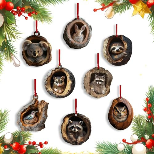 Ayizhiniu 8pcs Décor Animalier en Acrylique de Noël, 2D Noel Sapin Acrylique Pendentif Animalier, Décorations d'arbre de Noël Hibou, Noel des Animaux Decoration, Applicable à Maisons