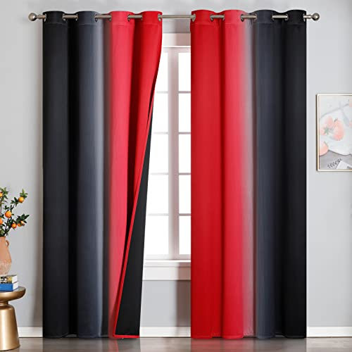 VEHEDE Blackout Curtains for Living Room 96 Inch Drop Long, Ombre Red and Black Out Curtains for Bedroom, Wave Pattern Print Energy Saving Thermal Insulated Kids Curtain, W52 x L96 Inch, 2 Panels