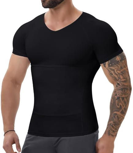 SLIMBELLE Body Shaper per gli uomini con scollo a V elastico dimagrante vita trainer controllo pancia compressione camicia da uomo strato base intimo compressione top shapewear, Nero , 3XL