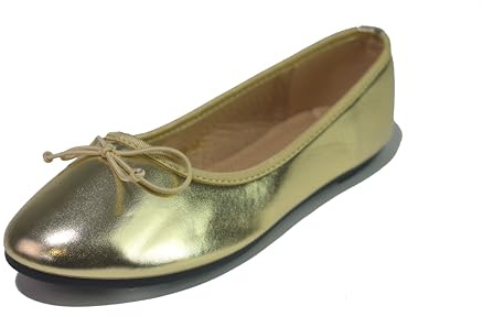 Ladies Ballet Flats Shoes Work Office Comfortable Bow School College Slip-on Pumps UK Size 3-8 Gold