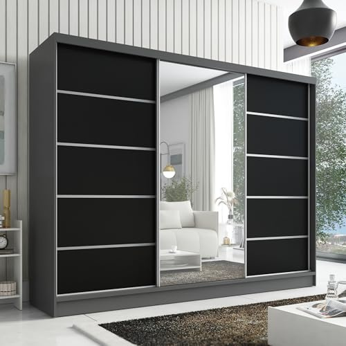 A&J MöbelLand Kleiderschrank Aurelia 1 – Schwebetürenschrank 200 cm breit mit Spiegel, 3-türig, Kleiderschrank mit Schubladen, Schiebetürenschrank für Schlafzimmer oder Garderobe