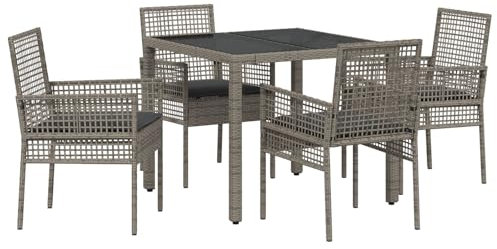 vidaXL Outdoor Dining Set - 4 Seater Grey Poly Rattan Patio Furniture with Tempered Glass Top and Powder-Coated Steel Frame
