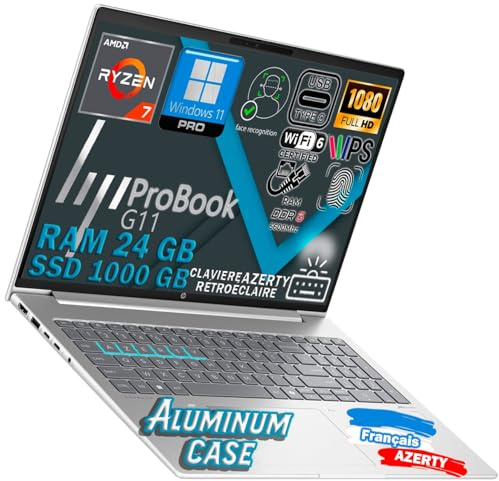HP PROBOOK 465 G11, Ryzen 7 7735U 4.7Ghz, RAM 24Go DDR5, SSD 1000Go, écran 16 FULLHD, WiFi6E, FaceID, Empreinte Digitale, Clavier rétroéclairé, Win11, configuré, AZERTY, Couverture en Aluminium, Slim