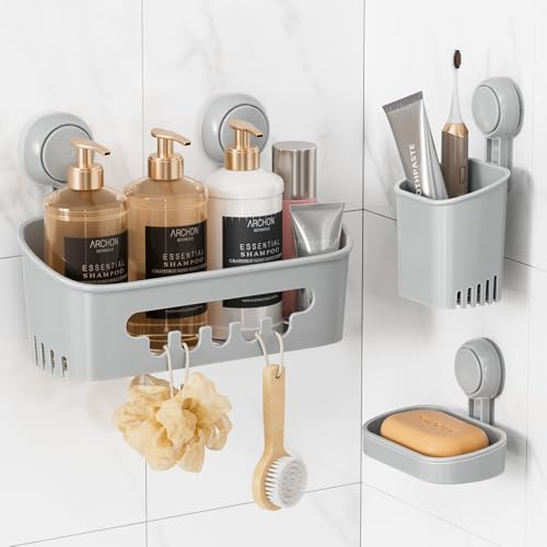 LEVERLOC Duschablage ohne Bohren Duschablage Saugnapf 2Set Extra Stark,Grau | Saugnapf Dusche Organizer Große Kapazität Bad Organizer Ohne Bohren Badezimmer Zubehör für Shampoo Duschkorb Küche