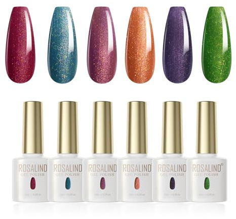 ROSALIND Smalto Semipermanente Glitterato 6 Colori Dorato Rosso Blu Viola | Chiaro Scuro Arancione Verde Smalto Semipermanente Soak Off UV LED Smalti Semipermanenti per Unghie Manicure Regalo 6ml