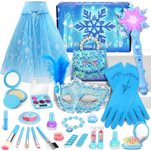 BuntWunder ELSA Eiskönigin Kinderschminke Spielzeug Set, Eiskönigin Prinzessin Kostüm Set mit Umhang, Handschuhe, Tasche, ELSA Spielzeug Geburtstag Geschenke für Kinder Karneval Halloween