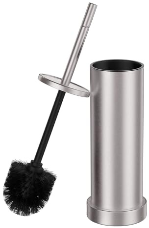 Brushed Nickel Toilet Brush and Holder Set, 304 Stainless Steel Toilet Brush for Bathroom, Heavy Duty Toilet Bowl Brush with Holder, Removable Inner Bowl and Splash Protection, Long Handle