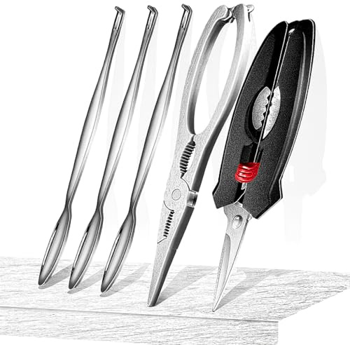 Premium Seafood Cracker Set – Stainless Steel Crab Leg Crackers, Lobster Sheller Scissors & 3 Forks with Storage Box – Heavy-Duty Tools for Crab, Lobster, Shellfish, Nuts (2 Sets)