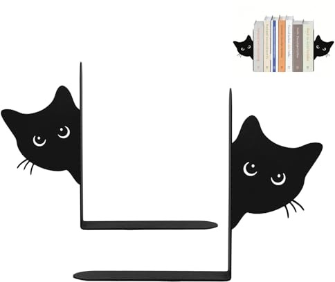 Bokstöd katt svart två stycken dolda metallbokhållare söt kattdesign hållbar stabil kontorsmaterial bokhylla skrivbord böcker dokument tidskrifter organisera