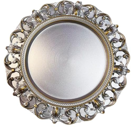 WYFMYD 6 Pack Silver Charger Plates 13 Round Charger Plates for Dinning Plates with Embossed Rim Plastic Charger for Dinner, Wedding, Elegant Tableware Decor