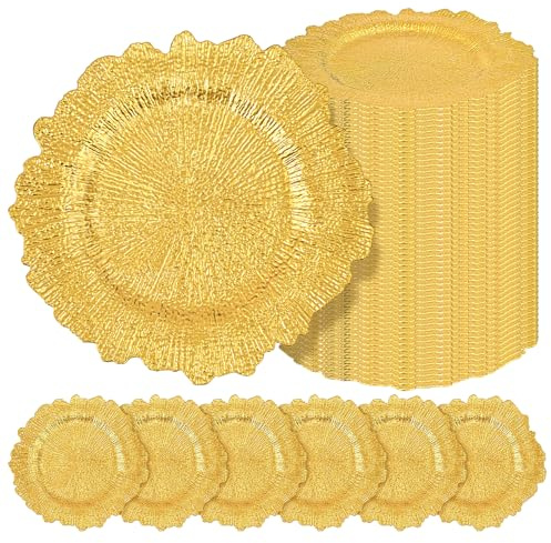 Teruntrue 50 Pcs Gold Charger Plates Bulk 13 Inch Plastic Charger Plates for Dinner Plate, Gold Chargers for Table Setting, Reef Design Plate Floral Decorative Round Chargers for Wedding Party, Event