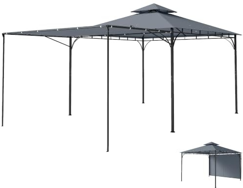Outsunny Gazebo da Giardino 3.2x3.2 m con Tetto Estensibile Grigio Scuro | Gazebo da Esterno Resistente, Doppio Tetto Ventilato, Fori di Drenaggio in Metallo, Giardino Balcone Feste Patio, UV30+