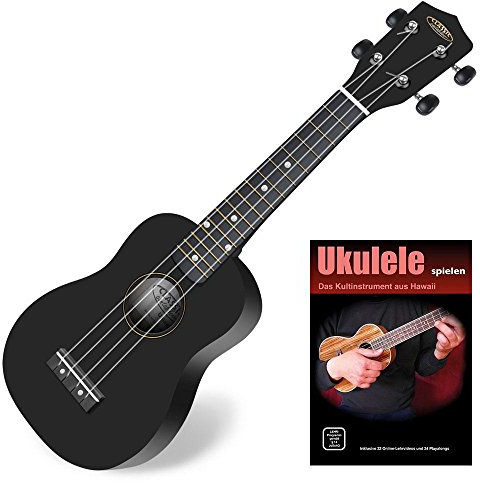 Classic Cantabile US-100 BK Sopran-Ukulele Schwarz Set inkl. Lernheft | Sopran Mensur (34, 5 cm), Korpus aus Linde, Hals aus Ahorn, 15 Bünde, Bundmarkierungen im 5., 12. und 15. Bund, 5 mm, Reggae