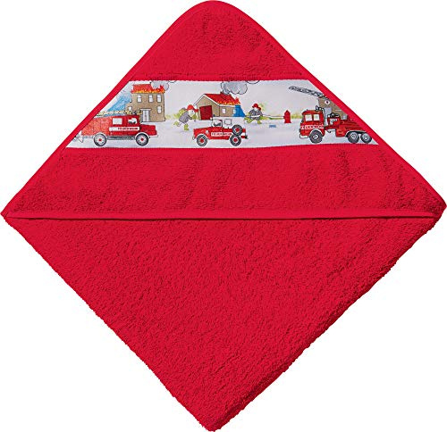 Erwin Müller Kinder-Bademantel mit Kapuze Frottier - saugstark, langlebig, angenehm weich, mit Taschen und Bindegürtel, Stickerei Feuerwehr (weitere Größen) Walk-Frottier