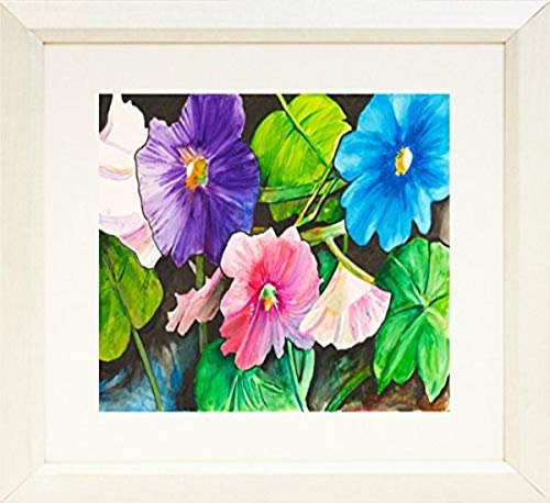 Buyartforless FRAMED Holly Hocks by Elizabeth Stack 20x16 Matted Art Print Poster Colorful Floral Garden with Mixed Colorful Flowers Blue Pink Purple