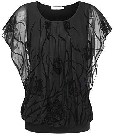 BAISHENGGT Damen Sommer Netz Bluse Flatter Kurzarm Tshirt Rundkragen Falten Elegant Oberteile Blusen Top
