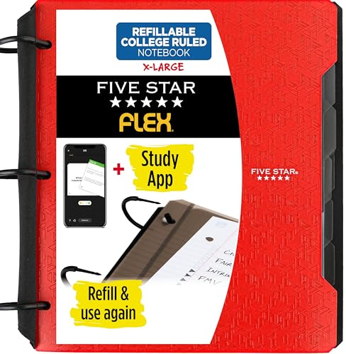 Five Star Flex Refillable Notebook + Study App, College Ruled Paper and 1-1/2 Inch TechLock Ring Binder with Pockets, Tabs and Dividers, 300 Sheet Capacity, Fire Red (29324AB2)