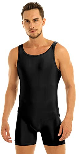 Nimiya Men's Stretchy One Piece Sleeveless Unitard Romper Gymnastic Sport Bodysuit Boy Leg Bikini Leotard Black M