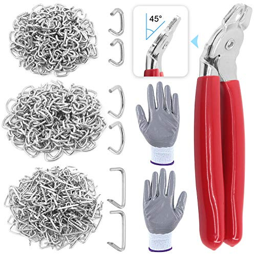 Glarks 362 Pieces Hog Ring Clips with Hog Ring Kit, 360 Pieces 1/2 3/8 3/8 Steel Hog Rings with Angled Ring Pliers and Anti-Cut Gloves for Upholstery, Fence, DIY, Furniture and More