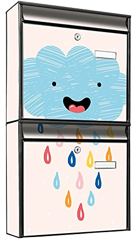 banjado Briefkastenanlage 2 Fach - 2 Briefkästen 36x64x10cm groß - Doppelbriefkasten Set - Namensschild, 2 Schlüssel, Montagematerial - Stahl verzinkt schwarz - Motiv Regenwolke