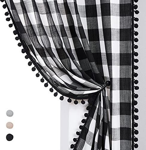 Pom Pom Curtains for Living Room 90 Drop Black and White Buffalo Checkered Pattern Semi Sheer Curtains Pencil Pleat Linen Texture Plaid Window Curtain Panels for Office Bedroom, 40 wide 2pcs