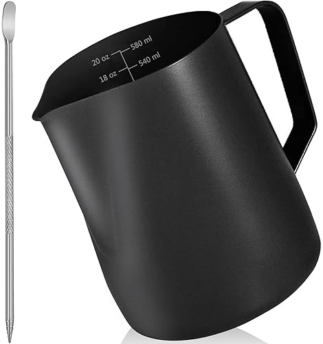 Milk Frother Pitcher 20 OZ, Espresso Milk Frothing Pitcher, Milk Steamer Cup Steaming Pitcher, Stainless Steel Coffee Froth Cup with Latte Art Pen for Coffee Cappuccino (Black)