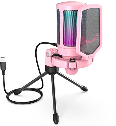 FIFINE USB Gaming PC Microphone for Streaming Podcasts, AmpliGame RGB Computer Condenser Desktop Mic, Cardioid Pattern for YouTube Video, Plug and Play on PS4 PS5, with Quick Mute, Mic Gain-A6V Pink