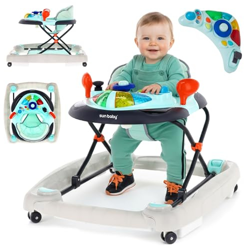 Lauflernhilfe Gehfrei und Schaukelsitz Kinderwiege Babywippe Babyschaukel Baby Walker mit Tasten, Lichtern und Sound für 6-12 Monate Sun Baby (Blau)