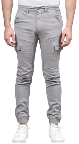 Soroor Pantaloni cargo da uomo - Pantaloni cargo slim fit con risvolto, eleganti pantaloni da jogging da uomo | Jogger da uomo in cotone elasticizzato piqué, Grigio, 31W x 29L