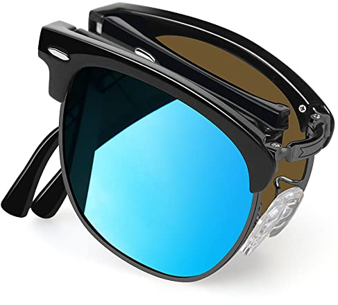 Joopin Klassiska Vikbara Solglasögon Herr Dam med UV 400-skydd och Retro Halvram Solglasögon Polariserade Fiske Foldable Sunglasses Unisex för Fiske Körning Golf Blå Lins