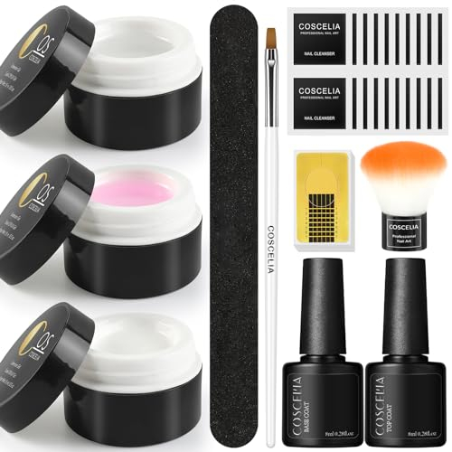 COSCELIA Gel Construction Ongle Rose Blanc Clear Poly Nail Gel Extension Nail Renforcer Gel Kit UV Réparer Ongles Cassés avec Nail Formes Outils d'art des ongles