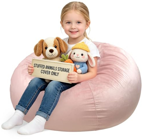 Lukeight Stuffed Animals Storage Bean Bag Chair Cover Only (Ships Empty, No Filling) - Velvet YKK Zipper Beanbag Cover for Toddlers and Kids, Washable Plush Toy Organizer, Large 27 D x 16 H