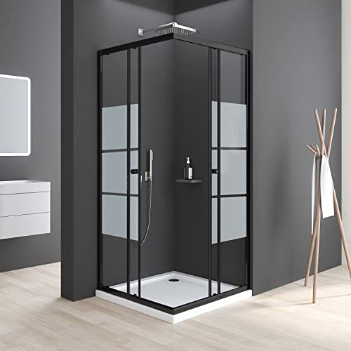 Duschkabine Schiebetür 90x90cm Eckeinstieg Duschkabine Schwarz Milchglas Duschabtrennung 6mm ESG Glas Dusche Duschwand Höhe 185cm