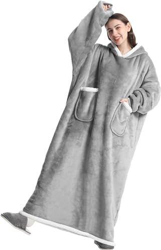 Boikey Överdimensionerad filttröja med huva, sweatshirt i velour, extra lång, med ärmar och fickor, en storlek, för vuxna kvinnor och män, Ljusgrå, XL